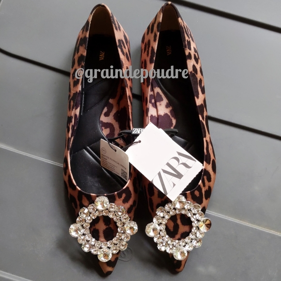 Rare! Zara Leopard Satin Rhinestone Jewel Front Pointy Ballet Flats 37 6.5 - Picture 6 of 6